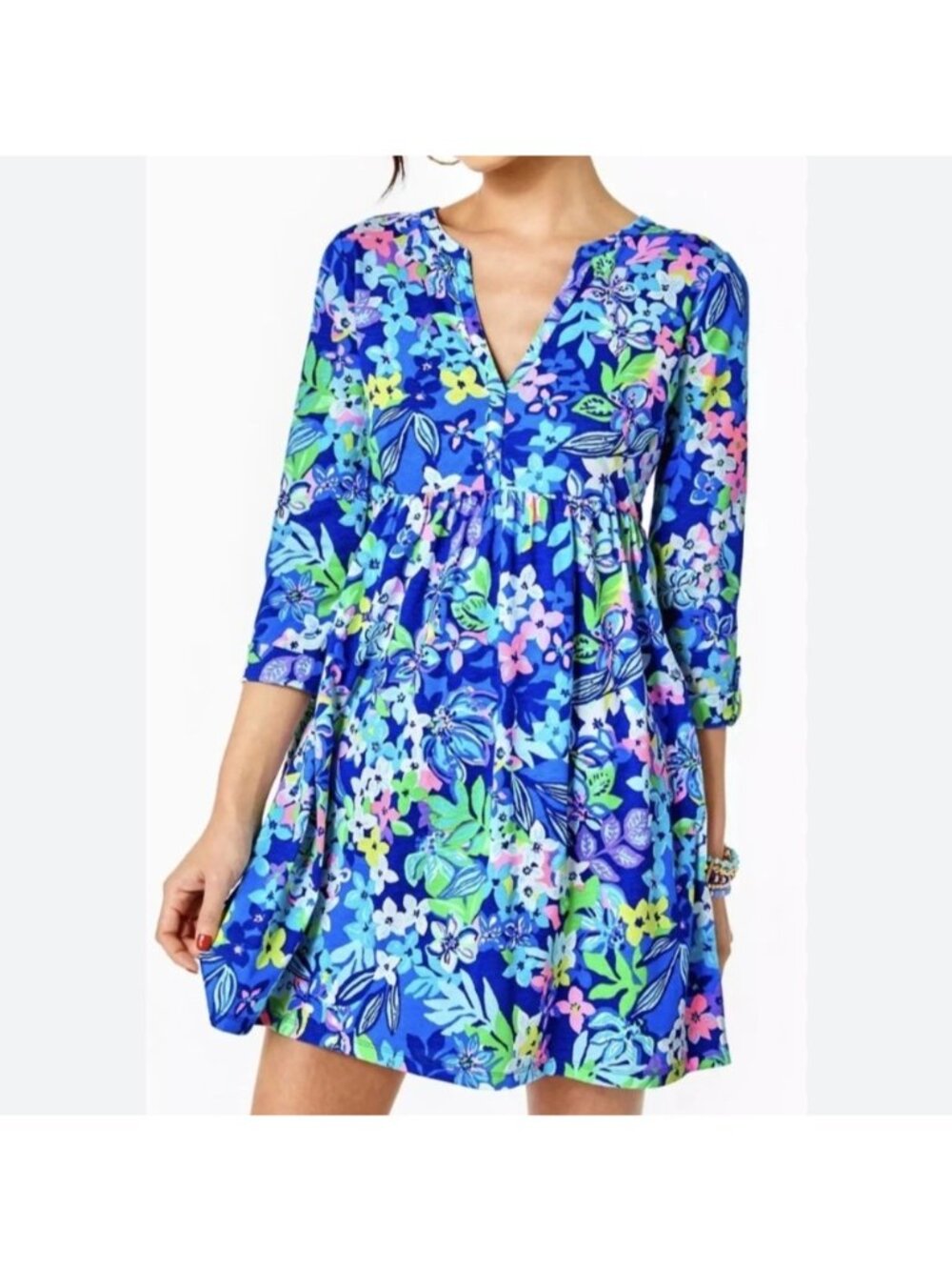 Lilly Pulitzer Womens Sz XL Alaina floral Blue V-Neck Dress With 3/4 Sleeves